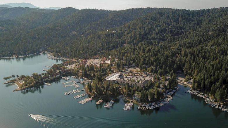 Aerial View of Lake Arrowhead Resort with mountains in background