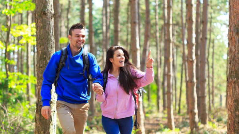 Two people are hiking in a sunny forest, smiling and enjoying the outdoors.
