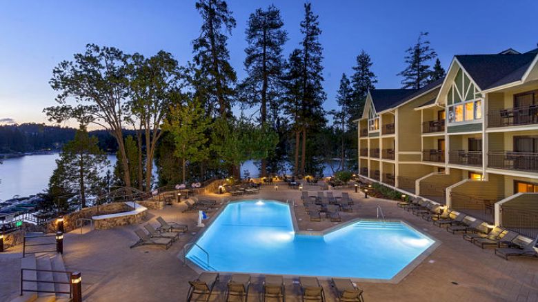 Resort Pool overlooking Lake Arrowhead at dusk