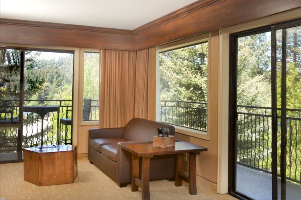 Cozy room with sofa, table, and balcony overlooking trees.