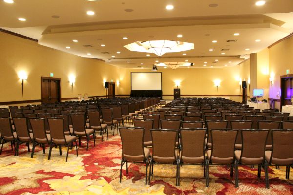 An empty conference hall with rows of chairs, patterned carpet, lighting overhead, and a projection screen at the front.