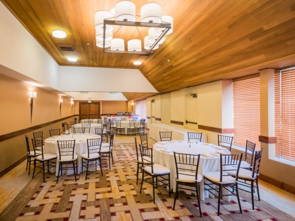 An empty banquet hall with round tables, chairs, patterned carpet, and overhead lighting.