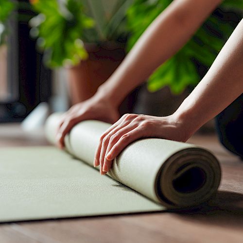 Hands rolling up a yoga mat on a wooden floor, with greenery in the background.