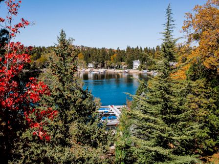 A scenic view of a blue lake surrounded by trees with autumn foliage; houses and docks are visible in the background.