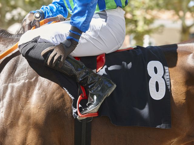 A jockey on a horse wearing number 8, dressed in blue and white attire, sitting in a saddle with boots in the stirrups.