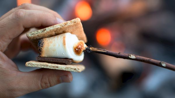 A hand holds a s'more near a campfire, with a toasted marshmallow on a stick placed between graham crackers and chocolate.