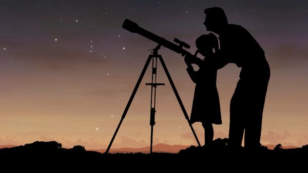 A silhouette of two people, one adult and one child, observing the night sky through a telescope against a sunset background.