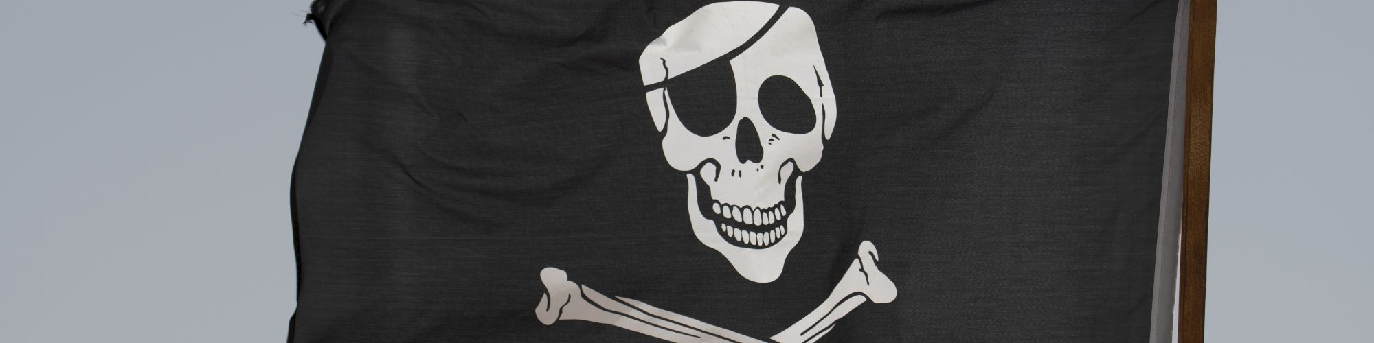 A pirate flag with a skull and crossbones design is waving against a clear sky, displayed on a flagpole.