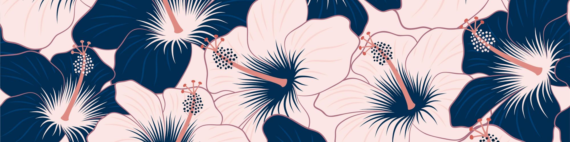 The image shows a pattern of stylized hibiscus flowers in navy blue, light pink, and white tones.