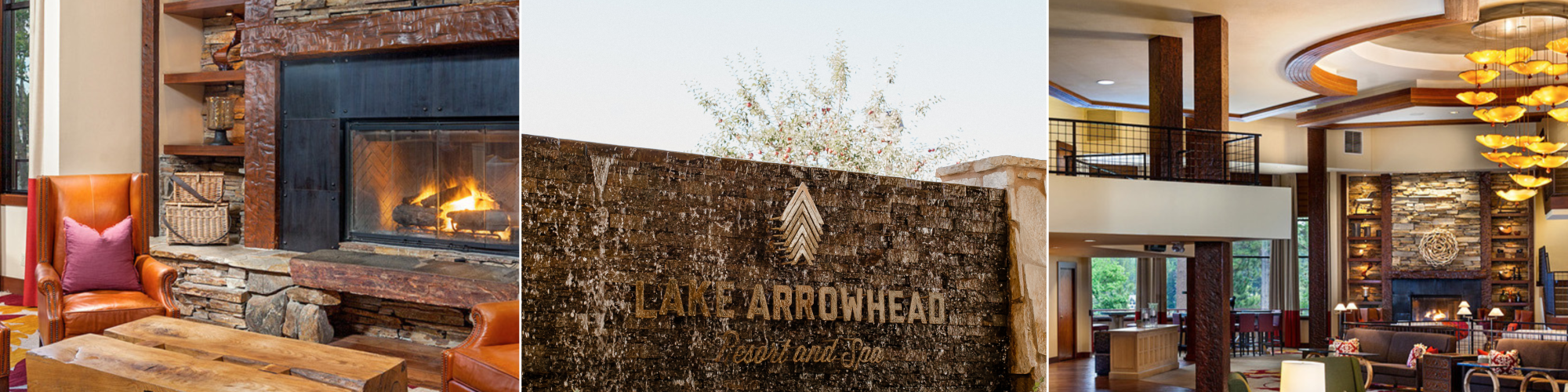 The image shows a cozy fireplace setting, a Lake Arrowhead Resort sign, and a spacious hotel lobby with elegant decor and seating.
